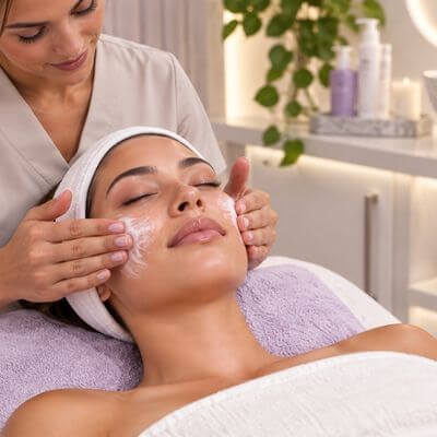 Lady getting a facial from a therapist, cream on her face